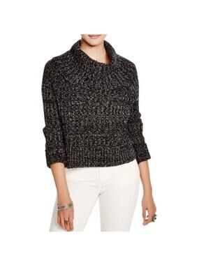 Free People Boho Marled Twisted Cable Cowl Neck Cozy Sweater Top Black Large